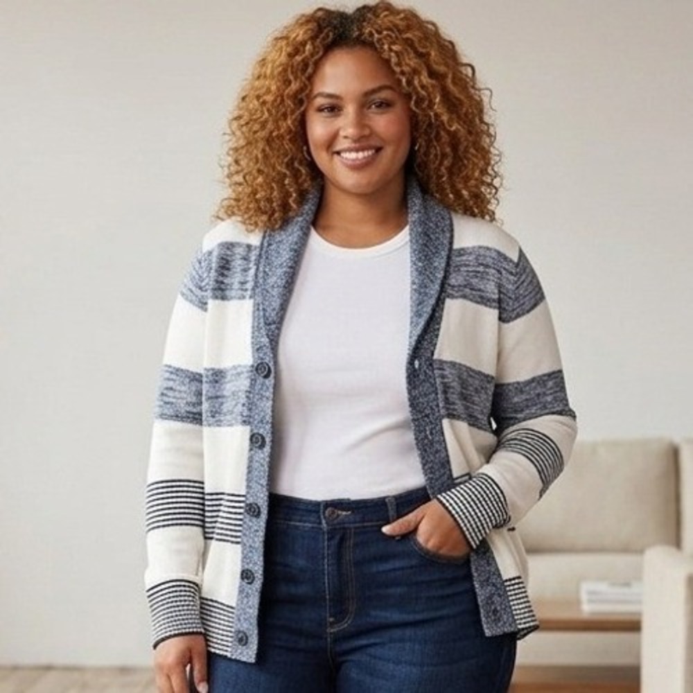 Navy Blue White Striped 100% Cotton Shawl Collar Cardigan Sweater XL